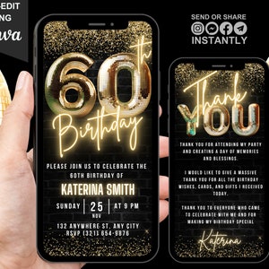 Digital 60th Birthday Invitation For Women, 60th Video Invite, Virtual Glam Gold Sixty Party Invite For Men, With Editable Thank You eCard