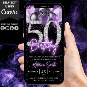 Digital 50th Birthday Invitation, Video 50th Purple Silver Invite For Women, Lavender Balloon Diamond Fifty Evite Her, Self Editable eCard