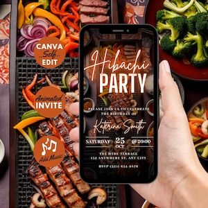 Digital Hibachi Flyer Invitation, Animated Birthday Dinner Party Invite, Red Japanese Food Video Evite, Self Editable DIY Template eCard