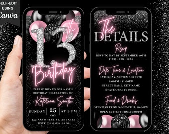 Digital 13th Birthday Invitation, Blush Pink Girls 13 Balloon Diamond Invite For Her, Thirteen Year Old Evite, Self Editable Itinerary eCard