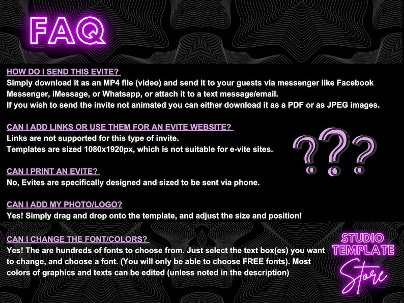 Op de afbeelding: FAQ over Evite-sjablonen. Hoe je ze kunt verzenden, links kunt toevoegen, kunt afdrukken, foto's kunt toevoegen en lettertypen en kleuren kunt wijzigen. Studio Template Store logo met roze neontekst.