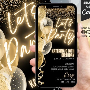 Digital 18th Birthday Invitation, Video 18th Lets Party Phone Text Invite For Her, Black Gold Text Balloon Evite For Him, Editable Template