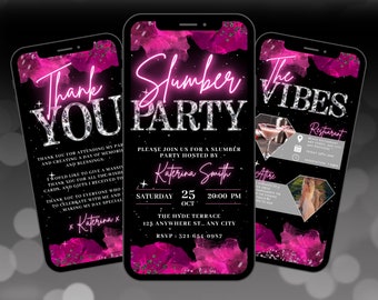 Digital Slumber Party Invitation, Animated Pajama Birthday Invite, PJs Fun Sleepover Evite, Hot Pink, Editable Itinerary & Thank You eCard