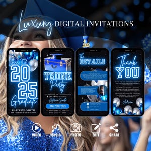 Invito per la festa del baule di laurea blu, invito animato digitale per la festa di addio al college, invito per l&#39;addio alla laurea, eCard modificabile autonomamente