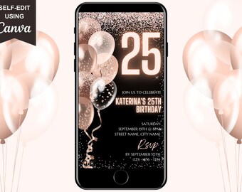 Invito digitale per il 25° compleanno, invito animato per brunch con palloncino oro rosa per donne, invito con testo al neon per lei, modello modificabile di eCard