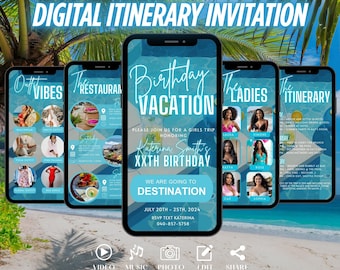 Digital Birthday Vacation Itinerary Invitation, Animated Weekend Travel Schedule, Summer Girls Trip Invite, Holiday Planner Template eCard