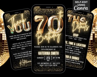Può includere: Un invito digitale per una festa di compleanno per il 70° anniversario. L'invito presenta uno sfondo nero con glitter dorati e un grande numero 70 dorato. Il testo "Compleanno" è in luci al neon. L'invito include anche il nome "Katerina Smith" e la data e l'ora della festa. L'invito è progettato per essere modificato utilizzando Canva.