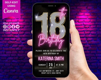 Cyfrowe zaproszenie na 18 urodziny, animowane zaproszenie na brunch w kolorze Glam Pink Neon, zaproszenie na kolację dla kobiet, szablon eCard do samodzielnej edycji Bling