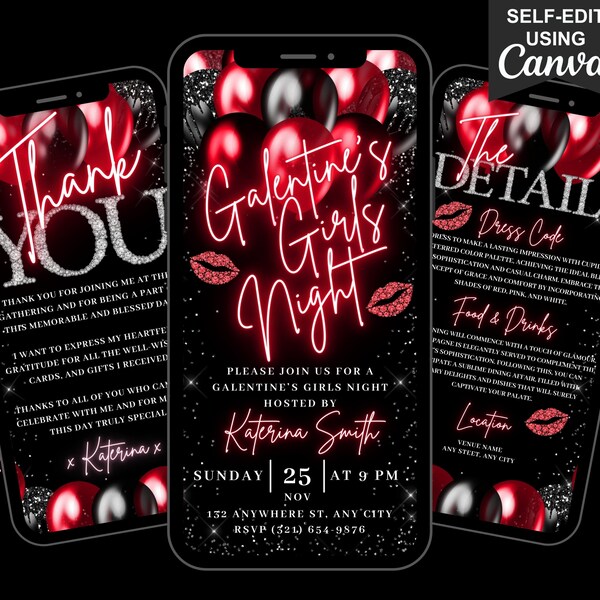 Digital Galentines Party Invitation, Animated Valentines Party Invite, Elegant Girls Night Evite, Editable Itinerary & Thank You eCard