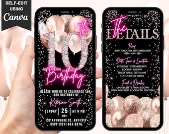 Digital 10th Birthday Invitation, Animated 10th Party Invite, Cute Rose Gold Diamonds Neon Pink Font, Text Evite, Editable Itinerary eCard