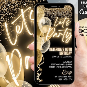 Digital 60th Birthday Invitation, Video 60th Lets Party Message Invite For Her, Black Gold Balloon Evite For Him, Self Editable Template