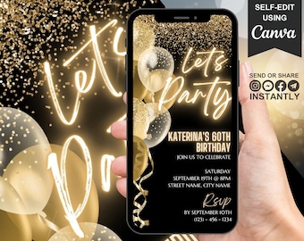 Invito digitale per il 60° compleanno, invito video per la festa del 60° compleanno per lei, invito con palloncino nero-oro per lui, modello modificabile