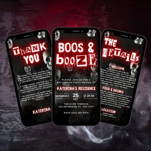 Digital Halloween Boos And Booze Party Invitation, Skull Video Invite, Red Trick Or Treat Horror eCard, Self Edit DIY Itinerary eCard