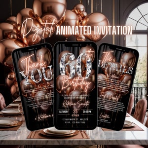 Digital 60th Birthday Invitation, Animated Sixty Dinner Party Invite For Women, Rose Gold Diamond Brunch Evite, Editable Itinerary eCard