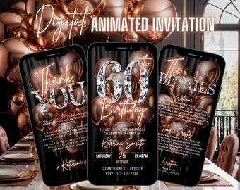 May include: Digital invitation for a 60th birthday party with a black background and rose gold balloons. The invitation includes the text "Thank You", "60th Birthday", "Please join us for a birthday celebration in honor of Katerina Smith", "Saturday, October 25, 20:00 PM", "123 Anywhere St., Any City", "RSVP: 123-456-7890", "The Details", "Welcome", "Dear friends and family", "Food & Drinks", "Location", "Venue Name", "NY Street, Any City".