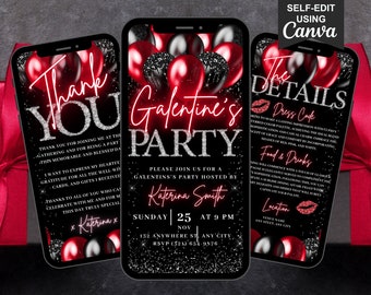 Digital Galentines Party Invitation, Friendship Animated Dinner Glam Diamond Invite, Red Black Evite, Editable Itinerary & Thank You eCard