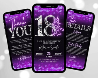 Digital 18th Birthday Invitation, Animated Purple Diamond Dinner Party Invite For Her, Brunch Evite For Women, Self Editable Itinerary eCard