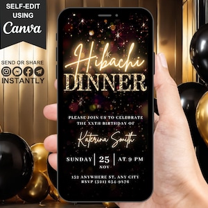 Digital Hibachi Invitation, Animated Birthday Dinner Party Invite, Black Gold Japanese Restaurant Diamond Evite, Self Edit Template eCard