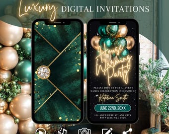 Green Gold Digital Housewarming Party Invite, New Home Celebration Evite, House Warming Invitation, Emerald Custom Template Ecard For Women