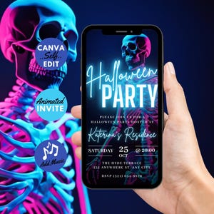 May include: A neon blue and pink skeleton graphic on a black background with the text "Halloween Party" in neon blue. The text "Please join us for a Halloween party hosted at Katerina's Residence" is below the party title. The date and time of the party are listed as "Saturday 25 Oct @ 20:00". The address is "The Hyde Terrace, 132 Anywhere St, Any City". The RSVP number is (321) 654-9876.