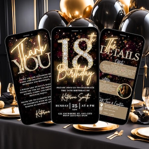 18th Digital Flyer Birthday Invitation, Surprise 18 Dinner Party Invite, Gold Diamond Video Evite For Women, Self Edit DIY Itinerary eCard