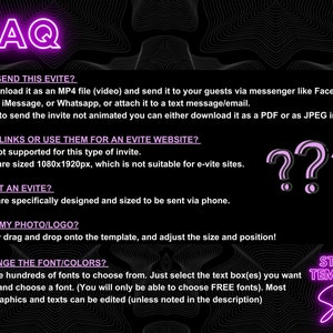 May include: FAQ about Evite templates.  How to send, add links, print, add photos, and change fonts and colors.  Studio Template Store logo in pink neon.