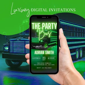 Digital VIP Party Bus Invitation, Boys Gaming Birthday Party Invite, Green Bus Evite For Men, Party Bus Evite, Self Edit Template eCard