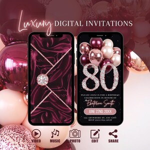 Digital 80th Birthday Invitation, Envelope Rose Gold Burgundy Dinner Invite For Women, Brunch Eighty Evite, Self Edit DIY Template Ecard