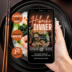 Digital Hibachi Flyer Invitation, Animated Birthday Dinner Party Invite, Red Japanese Food Video Evite, Self Edit DIY Custom Itinerary eCard