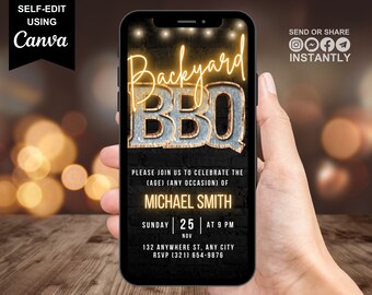 Digitale achtertuin BBQ-uitnodiging, geanimeerde rustieke selectiekader verjaardag barbecue uitnodigen, Patio Party Evite voor mannen, zelf bewerkbare sjabloon e-card