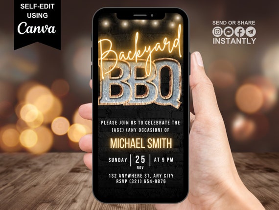 Digital Backyard BBQ Invitation, Animated Rustic Marquee Birthday Barbecue Invite, Patio Party Evite For Men, Self Editable Template eCard