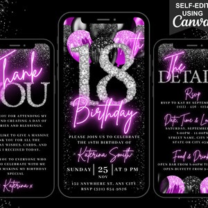 Digital 18th Birthday Invitation, Animated 18th Pink Black Invite For Teens, Diamond Eighteen Evite, Editable Itinerary & Thank you eCard