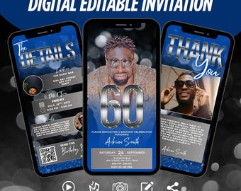 Stylish 60th Birthday Digital Invite For Adults, Editable Dinner Party Invitation for Men, Elegant Blue and Silver Evite, Luxury Template