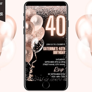 Invitación digital para 40 cumpleaños, invitación electrónica para fiesta de 40 cumpleaños, diamante en oro rosa, Evite para teléfono, descarga instantánea, plantilla editable