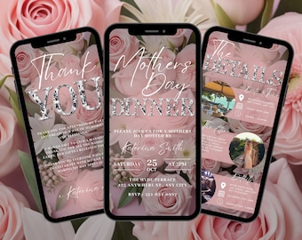 Digital Mothers Day Dinner Invitation, Animated Happy Mothers Day Invite, Mom and Mimosa's Pink Floral Evite, Self Editable Itinerary Ecard