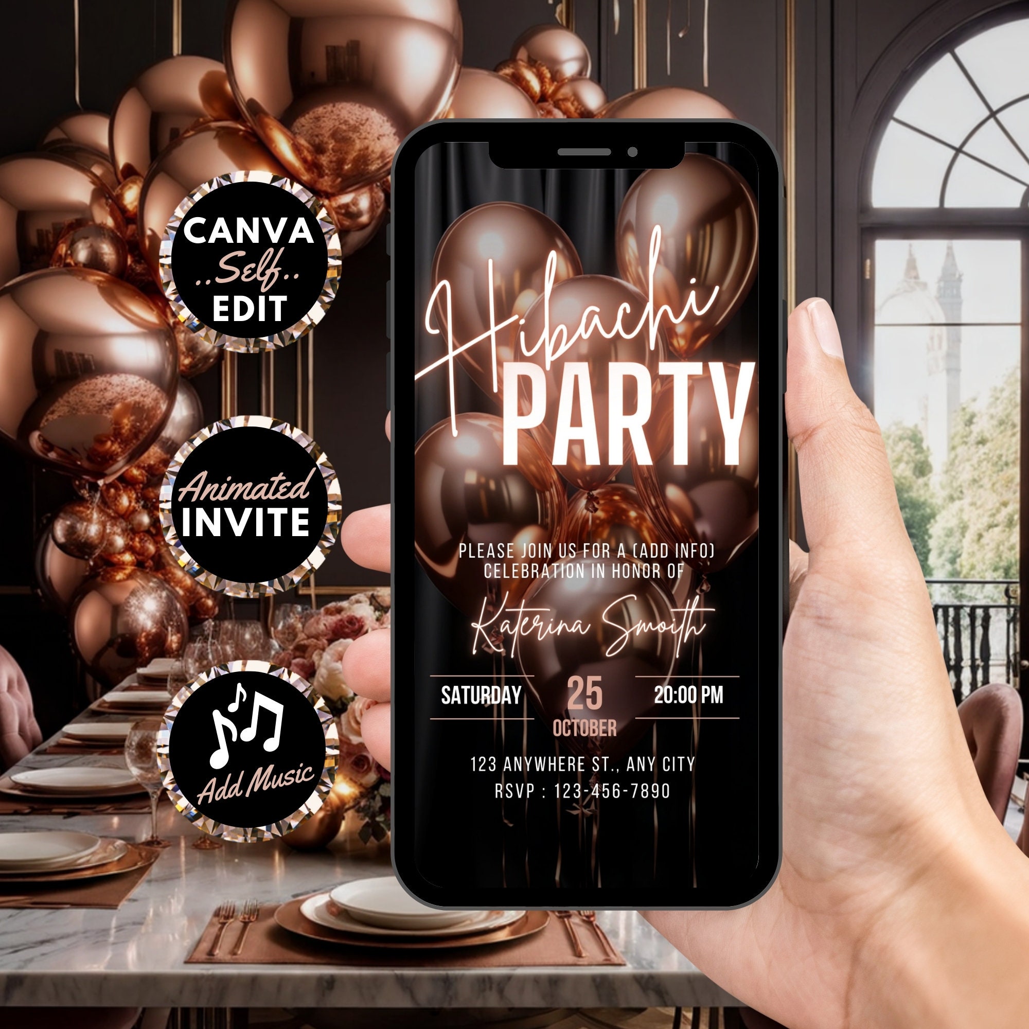 Digital Hibachi Invitation, Animated Birthday Dinner Party Invite, Rose Gold Japanese Restaurant Evite For Women, Editable Template eCard