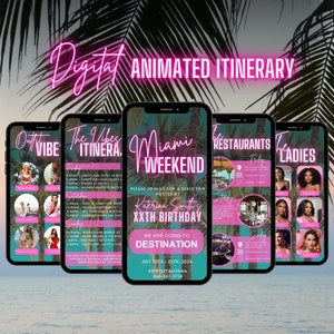 May include: A digital animated itinerary for a girls trip to Miami for Katerina Smith's 20th birthday. The itinerary includes a list of outfits, activities, restaurants, and the ladies attending the trip. The background is a tropical beach scene.