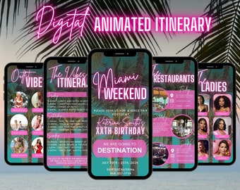 Digital Miami Birthday Weekend Invitation, Animated Travel Biscayne Itinerary, Ladies Vacation Schedule Trip, Self Editable Planner Template