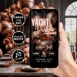 Digitale jachtfeestuitnodiging, geanimeerde bootfeestuitnodiging, Rose Gold Cruise Summer Boat Party Evite, bewerkbaar reisplansjabloon e-card