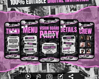 May include: Digital invitation template on smartphones. The design features a black and pink color scheme with the text "100% EDITABLE DIGITAL INVITATION." The invitation includes sections for menu, details, and crew. Icons for video, music, photo, edit, and share are also present.