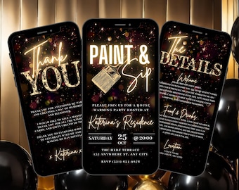 Digital Paint & Sip Invitation, Birthday Celebration Invite For Women, Black Gold New Housewarming Evite, Self Editable DIY Itinerary Ecard