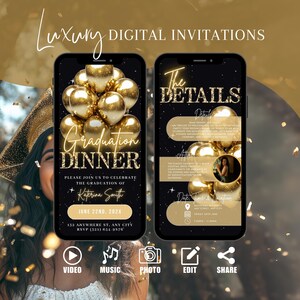 Op de afbeelding: Een digitale uitnodiging voor een afstudeer diner met een zwarte achtergrond en gouden ballonnen. De tekst luidt "Afstudeer diner" en "We nodigen u uit om de afstuderen van Katerina Smith te vieren." De datum is 22 juni 202X. De uitnodiging bevat ook het adres en de RSVP-informatie.