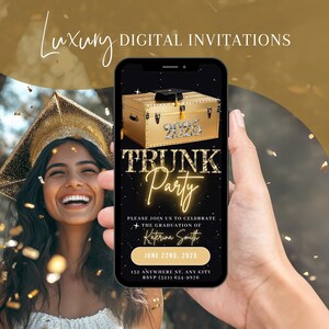Digital Graduation Trunk 2025 Party Invitation, Animated Gold Grad Announcement Invite, High School Evite, Self Editable Template eCard