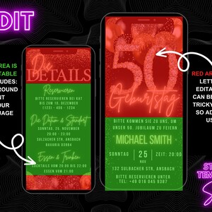 May include: A digital invitation template for a 50th birthday party. The template features a red background with neon pink text and a green background with black text. The text includes the date, time, and location of the party. The template is editable and can be customized to fit your needs.