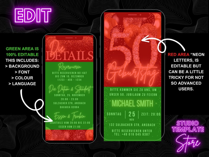May include: A digital invitation template for a 50th birthday party. The template features a red background with neon pink text and a green background with black text. The text includes the date, time, and location of the party. The template is editable and can be customized to fit your needs.