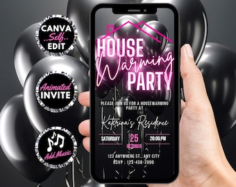 Digital Housewarming Party Invitation, Animated House Warming Invite For Women, Black New Apartment Home Evite, Self Editable Template Ecard