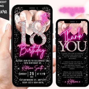 Digital 18th Birthday Invitation, Animated 18th Dinner Party Invite, Rose Gold Diamonds Pink Brunch Evite, Self Editable eCard For Her