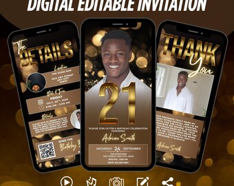 Stylish 21st Birthday Digital Invite For Adults, Editable Dinner Party Invitation for Men, Elegant Black and Gold Evite, Luxury Template