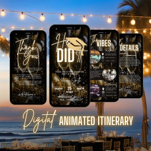 Digital Er hat es getan Einladung, animierte Gold Abschlussfeier College Party, Ankündigung für ihn einladen, Herren selbst bearbeitbares Reiseplan-Bundle