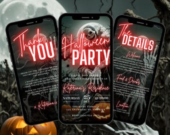 May include: Three smartphone mockups with a Halloween party invitation. The invitation features a spooky image of a skeleton with red neon text that says "Halloween Party". The text on the left phone says "Thank You" and the text on the right phone says "The Details".